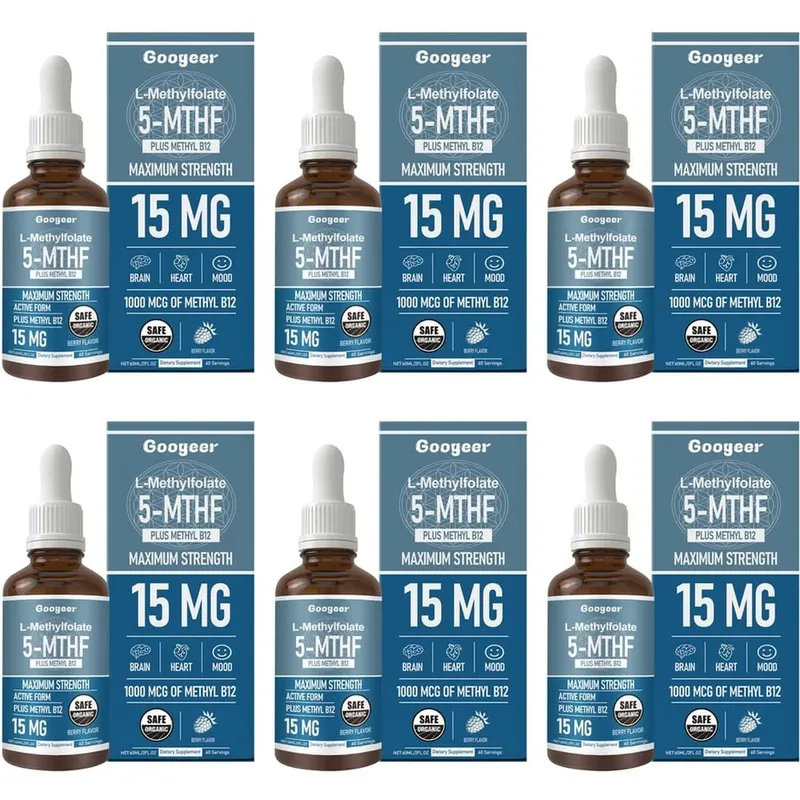 Googeer L-Methylfolate 5-MTHF Liquid Drops with Methyl B12 15mg 1000mcg Maximum Strength Heart Brain Mood Support 60ml