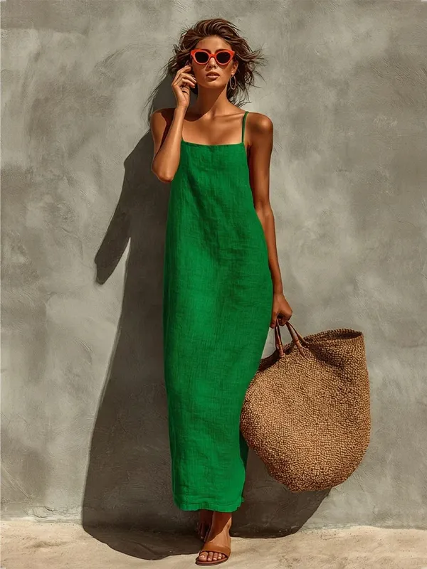 Summer Women Solid Color Casual Comfortable Slip Sundress Sand Beachwear Backless Sleeveless Loose Maxi Long Vacation Dresses