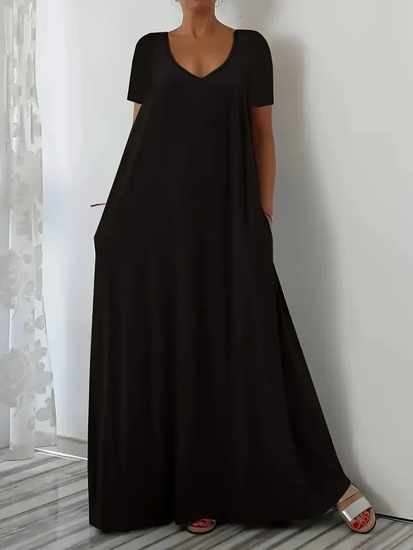 Plus Size Sommer ny lang nederdel afslappet løs kortærmet ensfarvet V-hals plus size kjole til kvinder