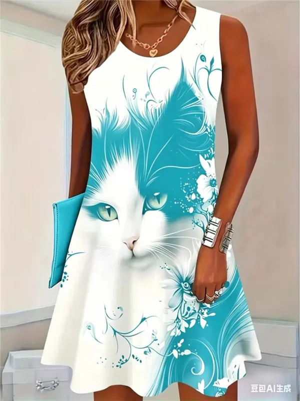 2026 New Fashion Cat Pattern Women Mini Dresses Summer Sleeveless 3D Printed Street Hip Hop Ladies Dress 3XL Plus Size Dress — image 3