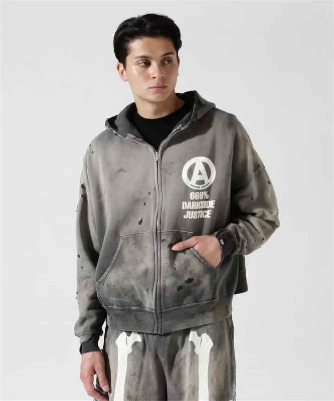 Mx6 × 26SS Zipper Retro Vintage New Letter Print Pocket Distressed Washed Cotton Hooded Sweatshirt Sweater Hoodies For Men — image 4