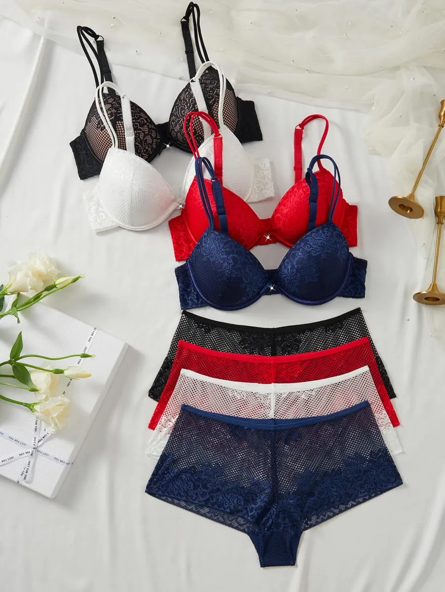 4Set Women Floral Lace Lingerie Set Underwire Push up Bra Breathable Sheer Hollow Panties Ladies Underwear Set