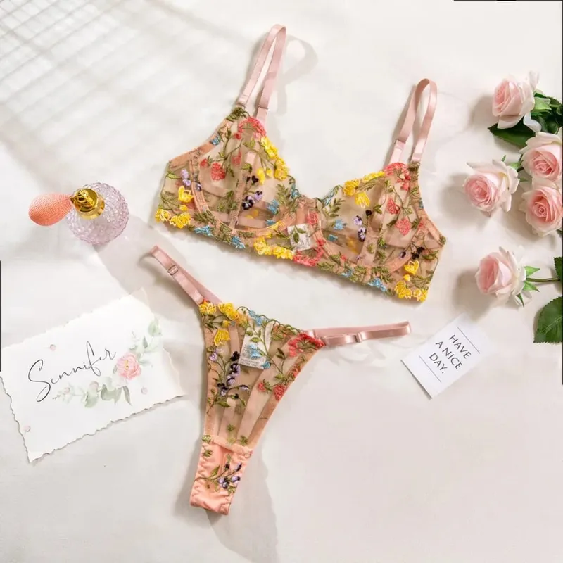 2-Piece Bohemia Floral Lingerie Set Embroidery Versatile Underwear Intimates Sheer Underwire Push-up Bra Panty Set For Lady Girl