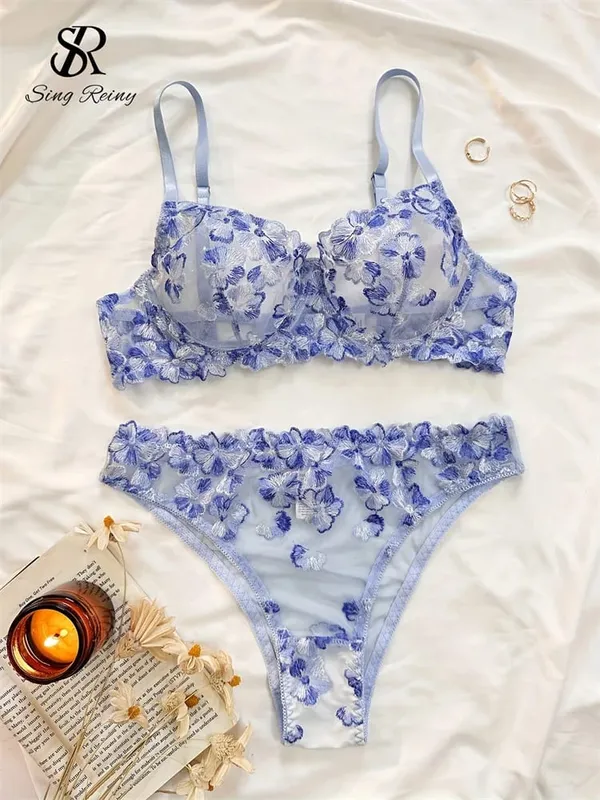 Lingerie velata a rete Abiti a due pezzi Set di biancheria intima floreale francese seducente Set di reggiseno e slip sexy con ricamo da donna — image 8