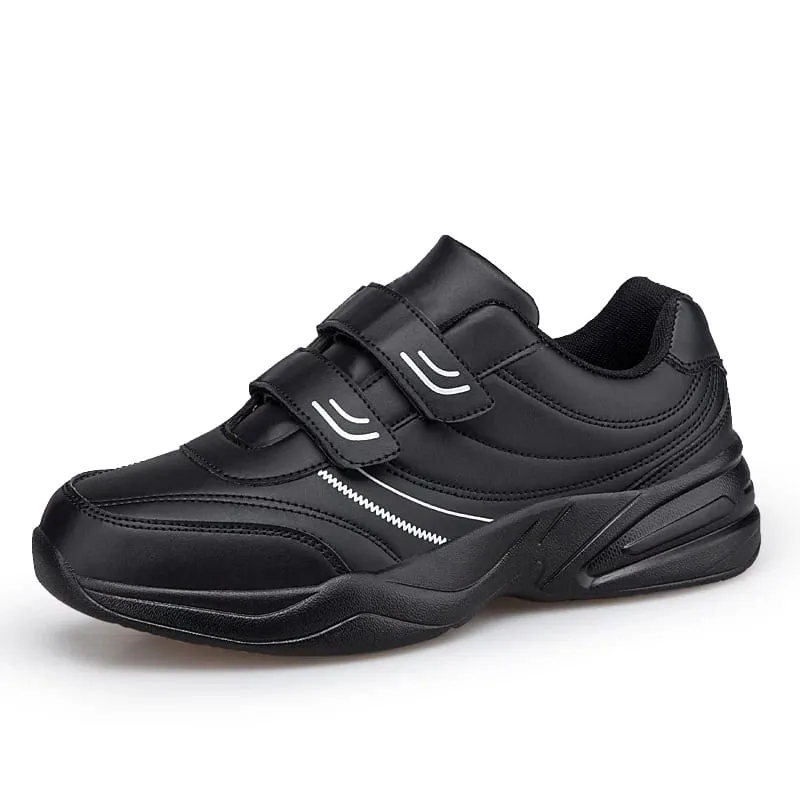 Men's Adjustable Hook And Loop Leather Sneakers Pure Black Casual Sports Shoes Big Size 47 48 Elderly Walking Shoes