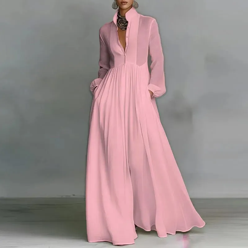 Francouzské elegantní swingové dlouhé šaty s vysokým pasem žena jarní plné kapsy plisované maxi šaty podzimní večerní šaty s dlouhým rukávem