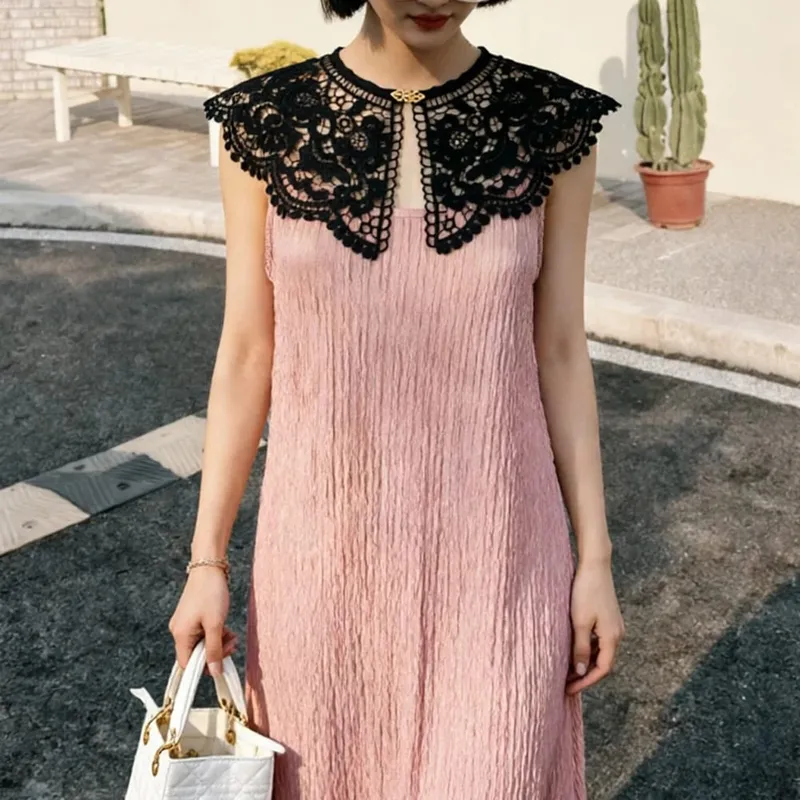 Pleated Sleeveless Elastic Long Dresses Women Vintage Palace Style Womens Black White Doll Fake Collar Soft Midi Dress Clothing