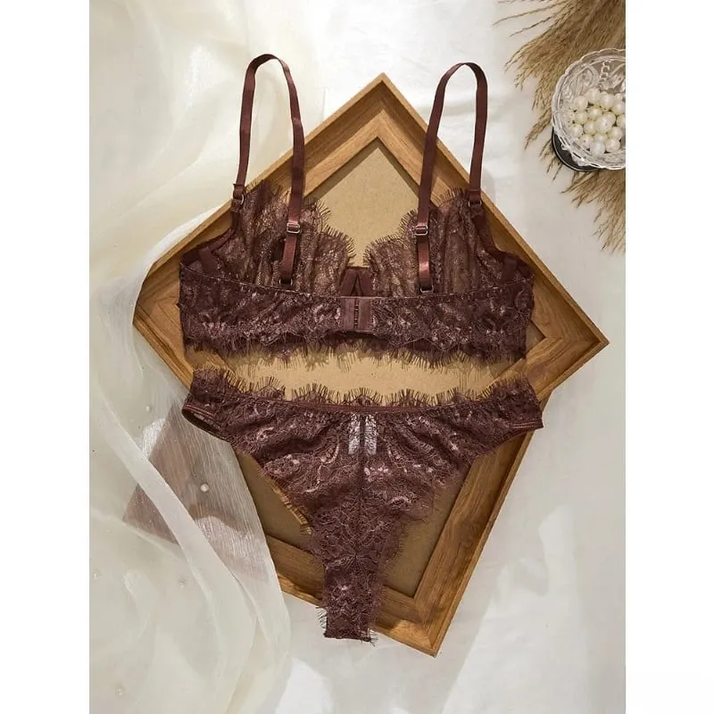 Ladies' Basic Style Thin Lace Bra and Panty Set Seamless Single Layer Eyelet Underwear Comfortable Intimate Apparel