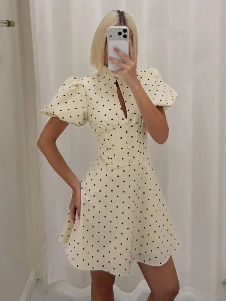 Retro Polka Dot Mini A-line Dress Women Elegant Stand Collar Puff Short Sleeve Waist-cinching Dresses Lady Party Robe 2026 New — image 1