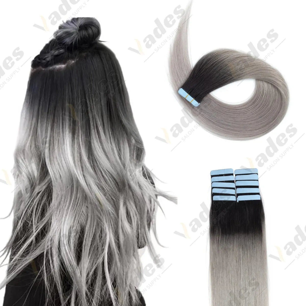 20 Inch Seamless Tape in Hair Extensions Human Hair Soft Invisible Black to Light Gray Color in Human Hair Extensions 30g/20pcs