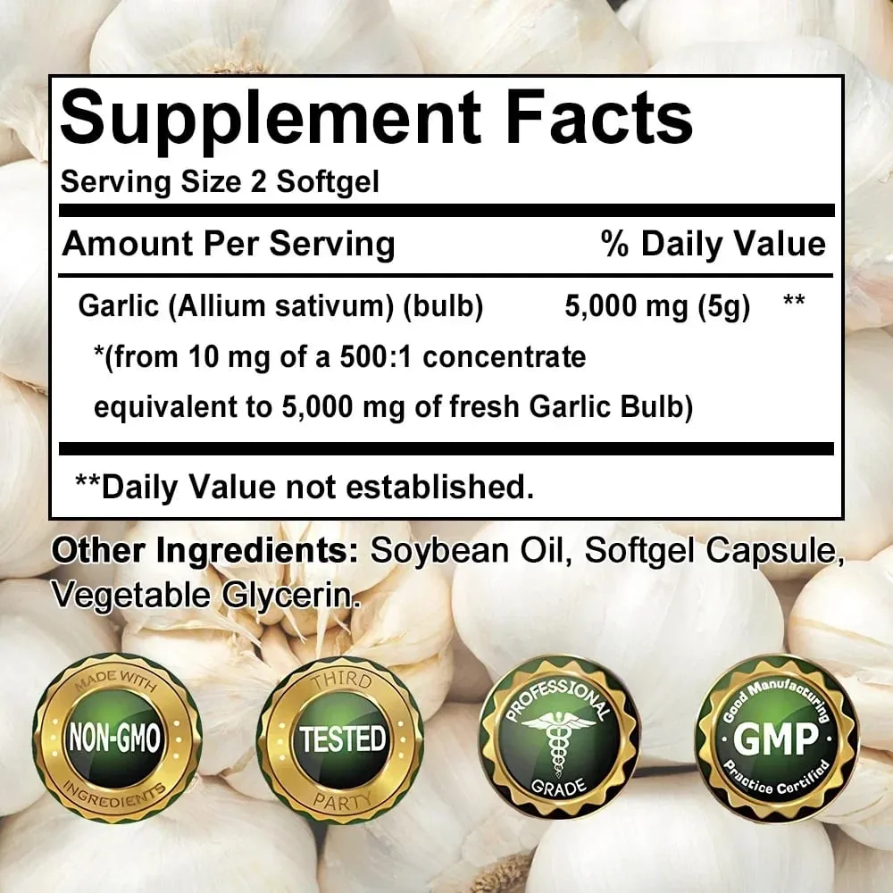 น้ำมันกระเทียมซอฟเจล 5000 Mg ภูมิคุ้มกันการไหลเวียนโลหิตหัวใจ Unflavored Non-GMO อาหารเสริมปราศจากกลูเตน