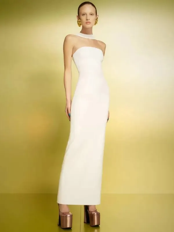 Abito aderente con fasciatura estiva maxi bianco rosso con scollo all'americana sexy per celebrità da donna 2025 Abito elegante da sera per club