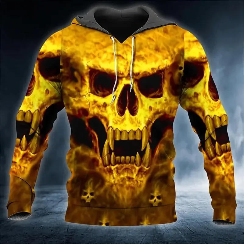 Men's Skull 3D Printed Hoodie, Halloween Horror Graphic Hooded Sweatshirt, Gothic Casual Streetwear Pullover Tops Men Clothing