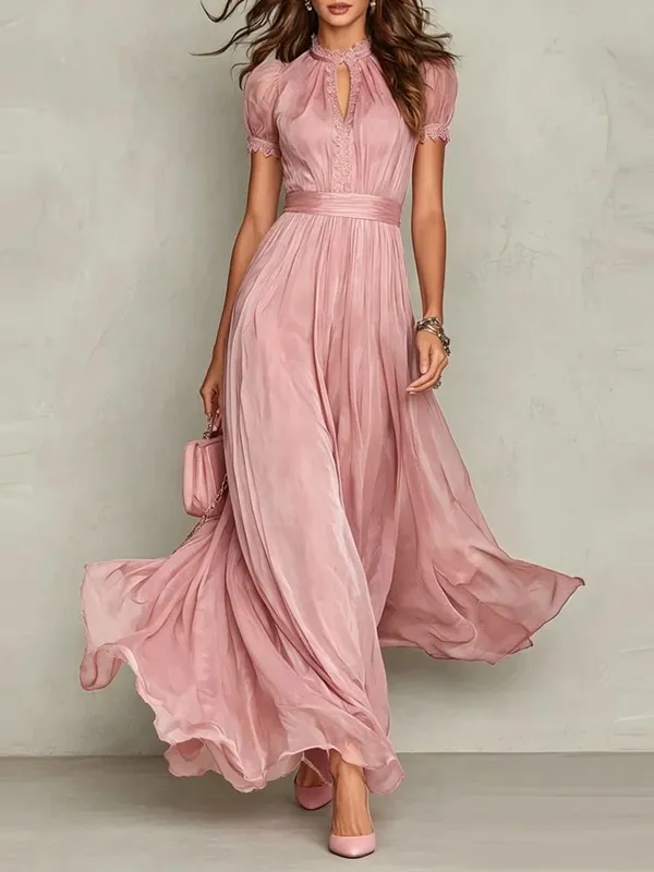 Vintage Solid Lace A-Line Long Dress Women's O Neck High Waist Pleated Party Dress Summer Short Sleeve Flowy Maxi Dresses — image 4