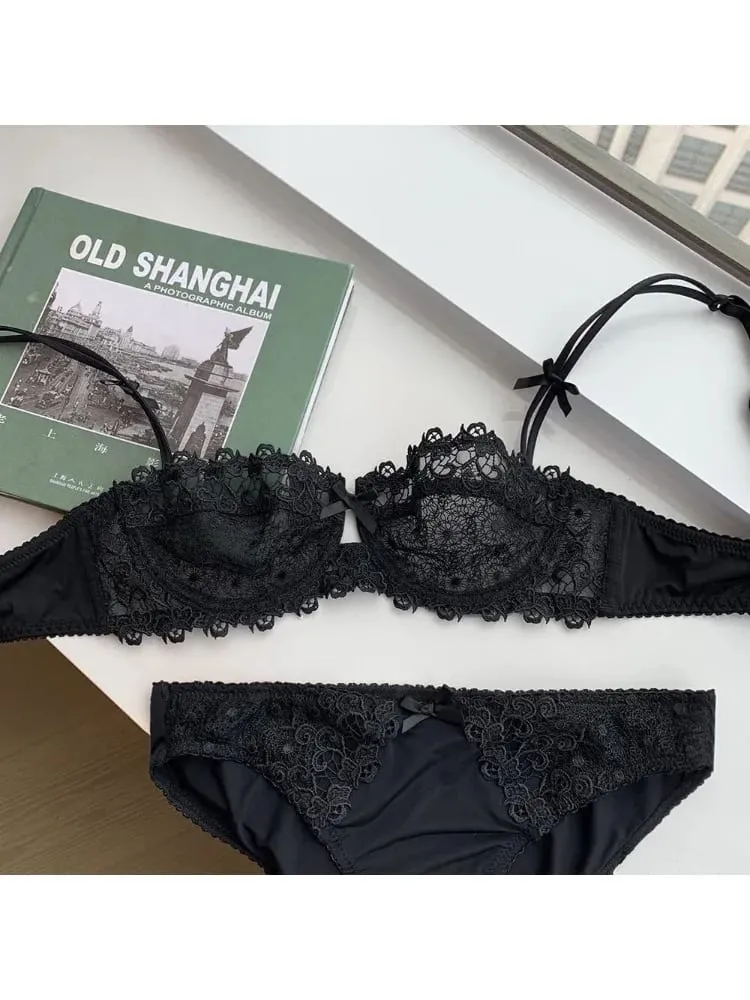 Sexy Lace Bra Set for Women Plus Size Half Cup Sheer Ultra Thin Nipple Concealed Erotic Lingerie Push Up Comfort Underwear Set — image 2