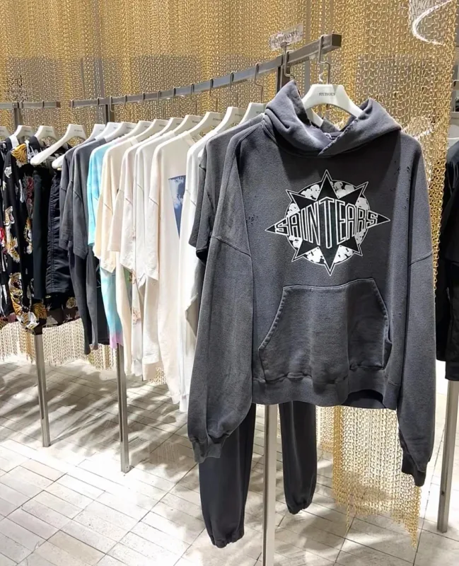 24FW SAINT Vintage Angel Printed Distressed Women Men Hooded Sweatshirt Hoodies Oversized Men Casual Cotton Pullover Hoodie