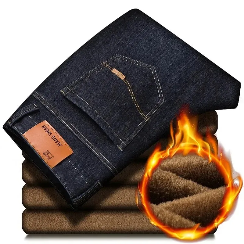 Men's Reflective Fleece-Lined Jeans - Thick Warm Lining Durable Denim & Reflective Trim Safe for Winter Night Commute & Casual