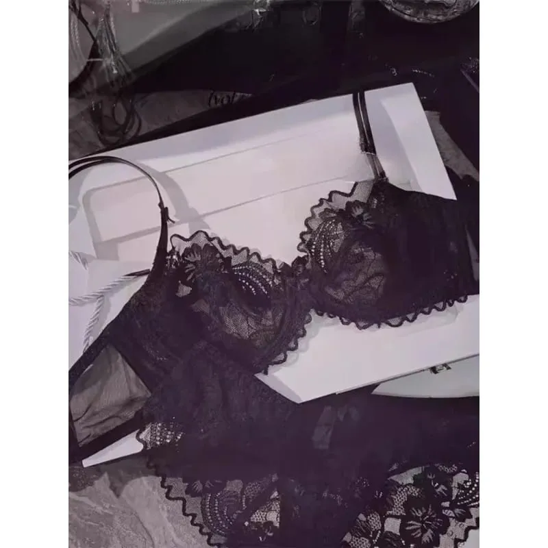 French Ultra-thin Lace Lingerie Set for Large Breasts Sexy See-through Underwire small Bust Lift Anti-sag Soft Comfy Daily Set
