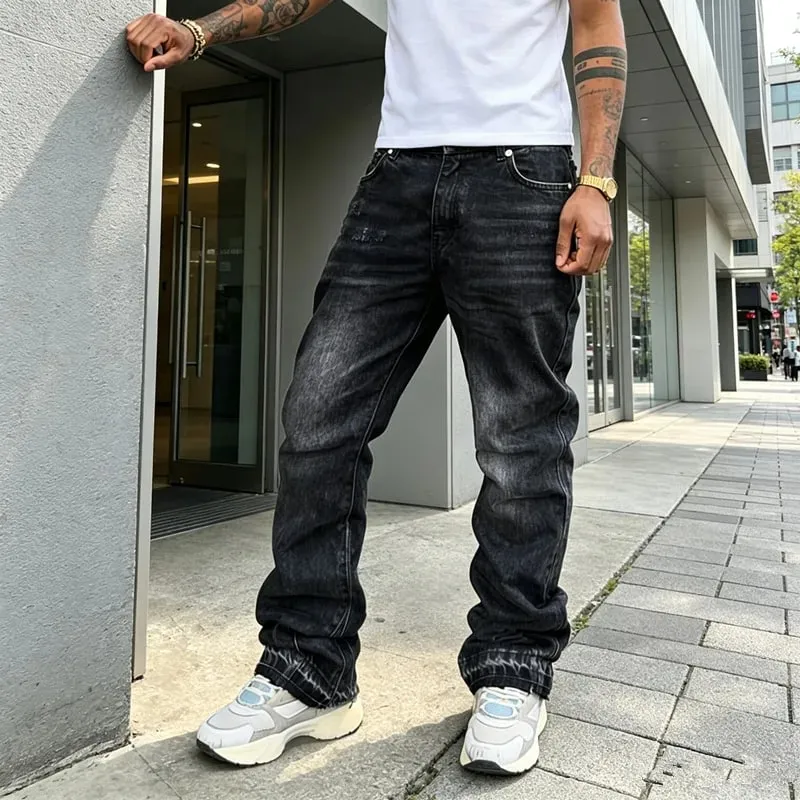 Men Y2K Baggy Bootcut Jeans Retro 2000s Street Swag Denim Pants Back Embroidery Distressed Washed Wide Leg Downtown Casual Jeans
