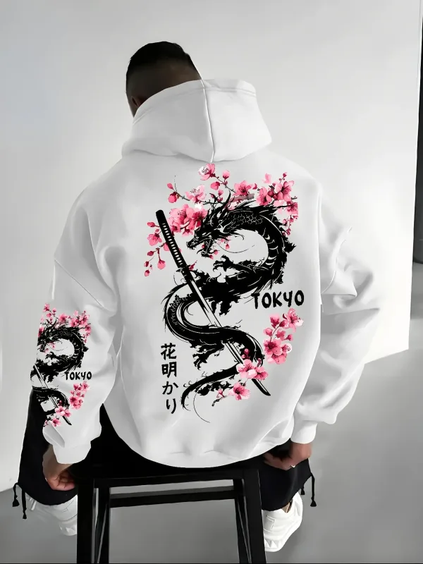 Naka-hood na pullover na naka-hood na pullover para sa init ng taglamig na maluwag at kaswal na istilo ng naka-istilong anime na dragon-patterned cherry blossom print