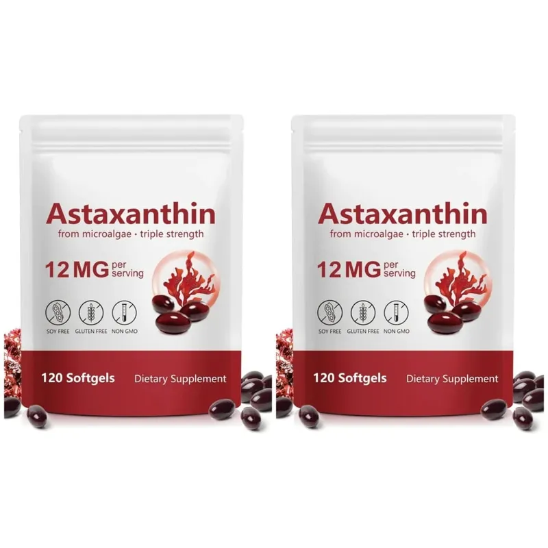 Cápsulas blandas de astaxantina, 12 mg por porción, microalgas, 120 u., sin gluten, sin soja, sin OGM, vegano, respalda la actividad antioxidante