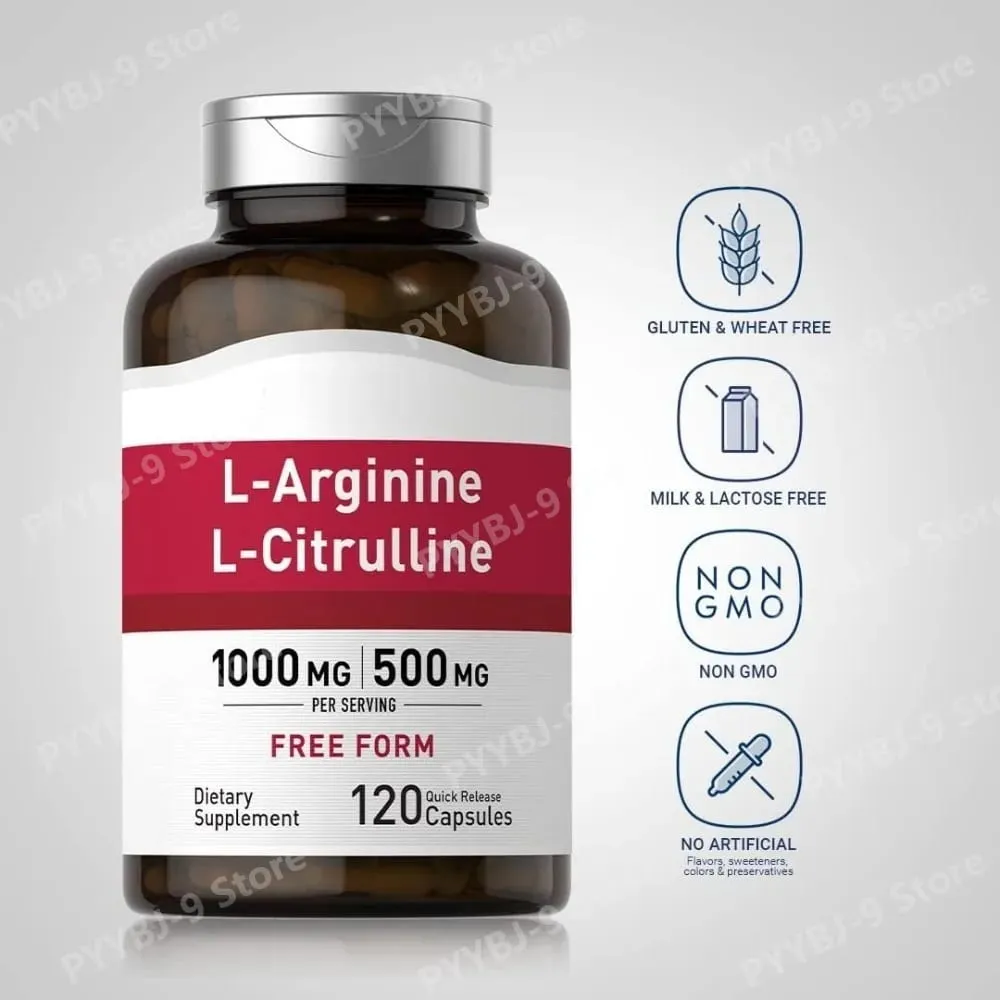 1500 mg de L-Arginina e L-Citrulina por porção Complexo de aminoácidos em forma livre para homens e mulheres Não-OGM sem glúten 120 cápsulas