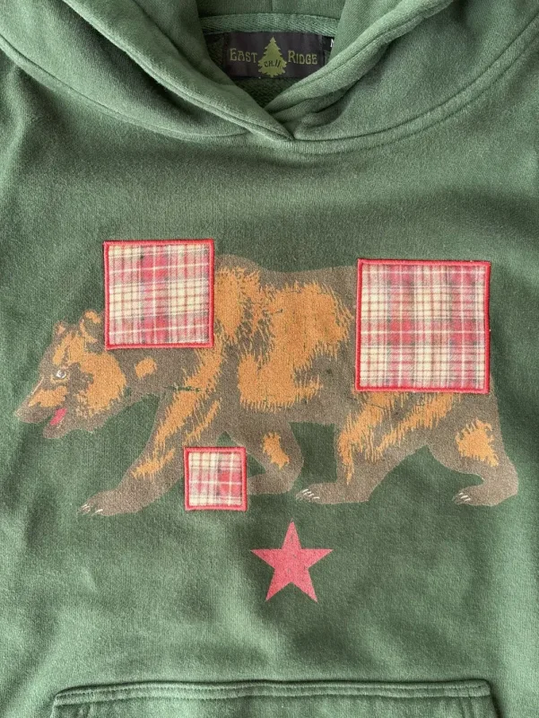 Vintage Bear Print Hoodie Men Retro Green Plaid Patch Pullover Hooded Sweatshirt Casual Streetwear Long Sleeve Women Hoodies Top