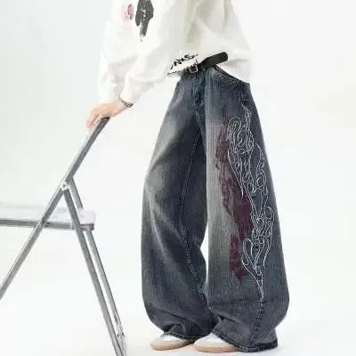 Men's Loose Straight Leg Jeans Pattern Embroidered Baggy Jeans Y2K Gothic Harajuku Hip Hop Straight High Waist Wide Leg Pants