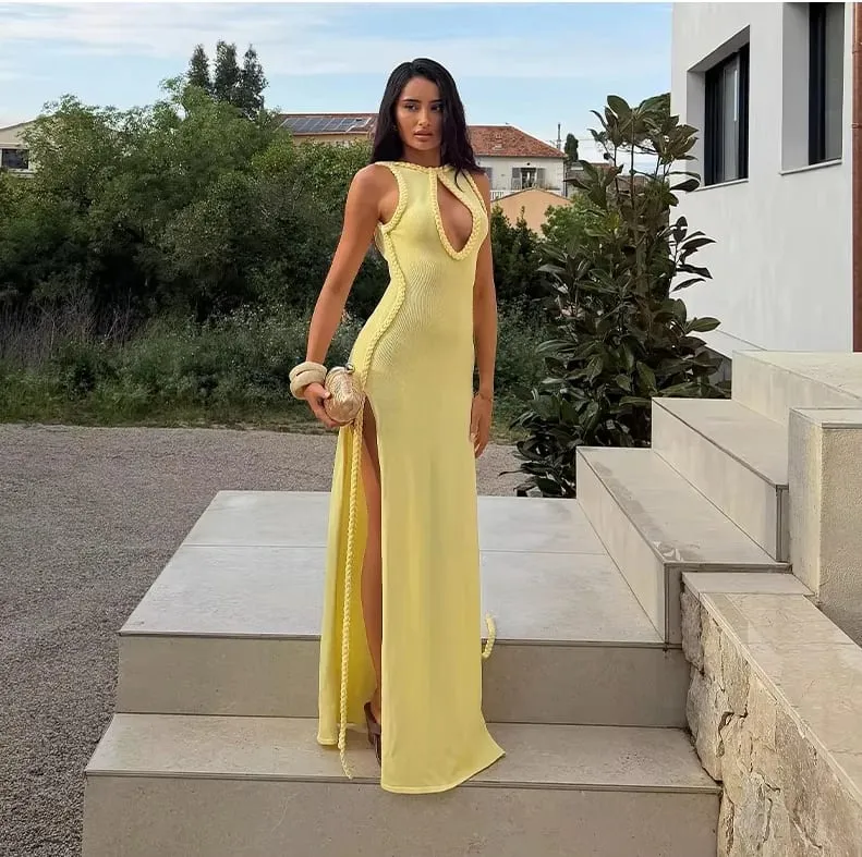 Women Elegant High Slit Hem Maxi Dress Braided Trim Sleeveless Backless Keyhole Neckline Solid Dresses Summer Sexy Fashion Gown — image 4