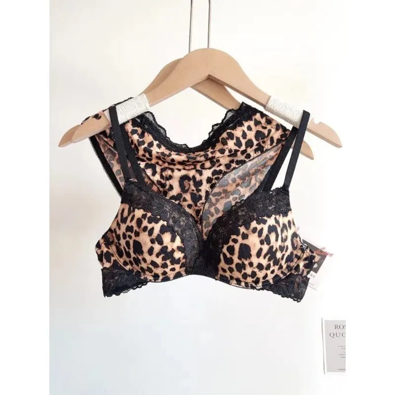 Sexy Leopard Print Lingerie Set Women Wireless Invisible Push Up Small Breasts adjustable A To C Cup sheer Lace Pure Design S-X