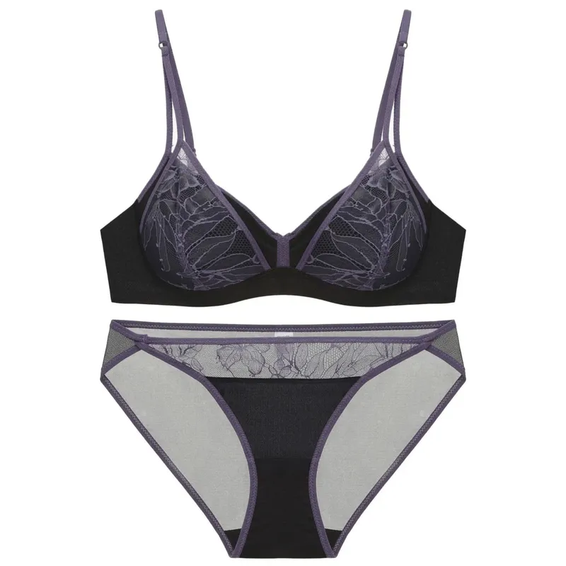 Women's Style Sexy Lingerie Set Thin Contrast Lace Patchwork Push-Up Wireless Bra with Double Shoulder Straps for Small Bust