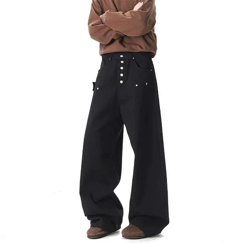 Loose Denim Pants for Men 2026 New Button Decoration Personalized Design Baggy Jeans Men Comfortable Fit Casual Trousers