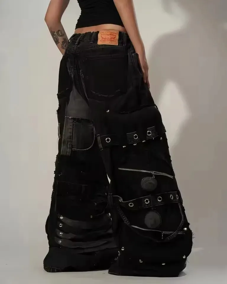 Black Baggy Cargo Jeans Men Women Heavy Multi Pocket Zipper Detail Streetwear Casual Fashion Pants Wide Leg Loose Fit Soft Y2K