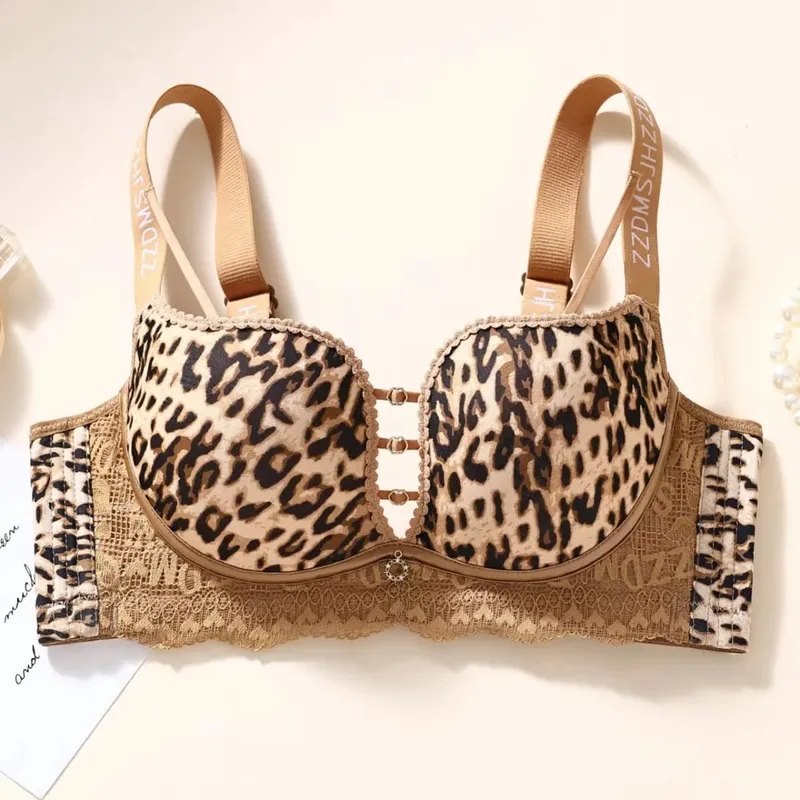 plus Size Thin Wireless Minimizer Bra Leopard Print Gather Anti-Sagging Comfort Lingerie for Big Bust Women