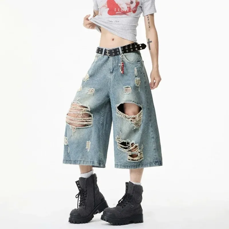 Summer Trendy Men Jeans Ripped Loose Casual Man Pants Artistic Design Cropped Long Denim Trousers — image 2