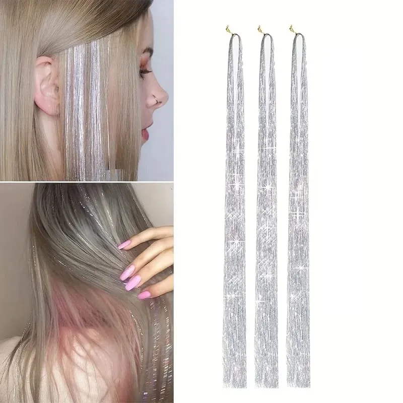90cm Synthetic 3pcs/set Rainbow Colored Shiny Hair Laser Tinsel Long Straight Heat-Resistant Fairy Hair Extensions Party Daily — image 14