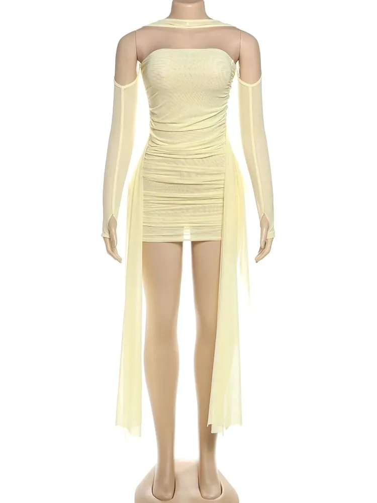 Weird Puss Sexy See Through Dress+Shawl Women Side Ribbon Ruched Coquette Skinny Midnight Clubwear Summer Vacation Party Bodycon