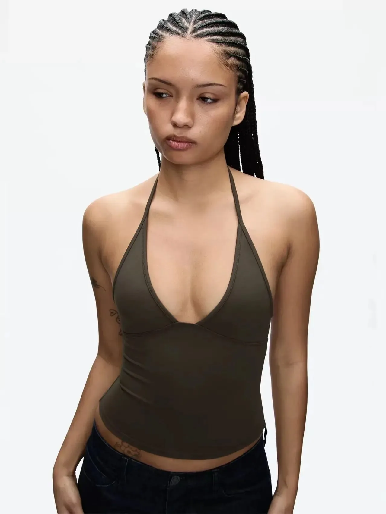 Tank Vest Deep V Halter Solid Color Basic Sleeveless Top Soil Brown Camisole