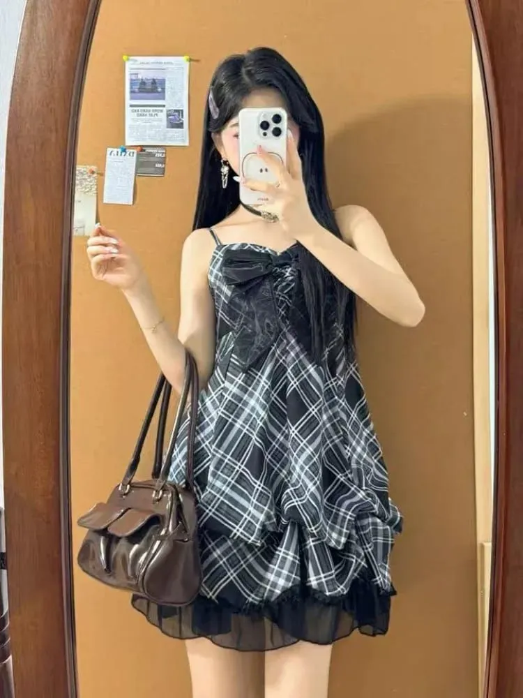 2025 estilo japonês do vintage cinta vestido feminino coreano moda preto rendas cami vestidos de verão doce retalhos novo vestido de uma peça