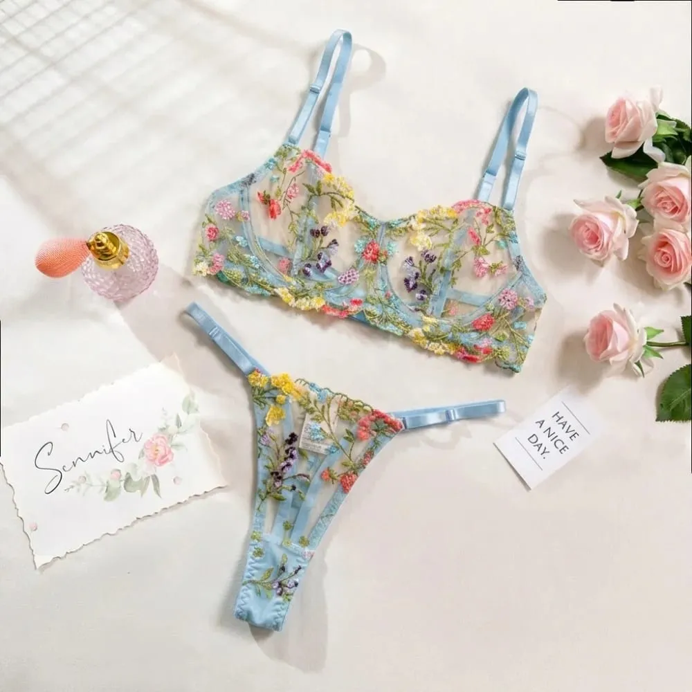 2dílná sada květinového spodního prádla Průsvitné všestranné spodní prádlo Intimky Výšivka Kostice Push-up Bra Kalhotky pro slečnu