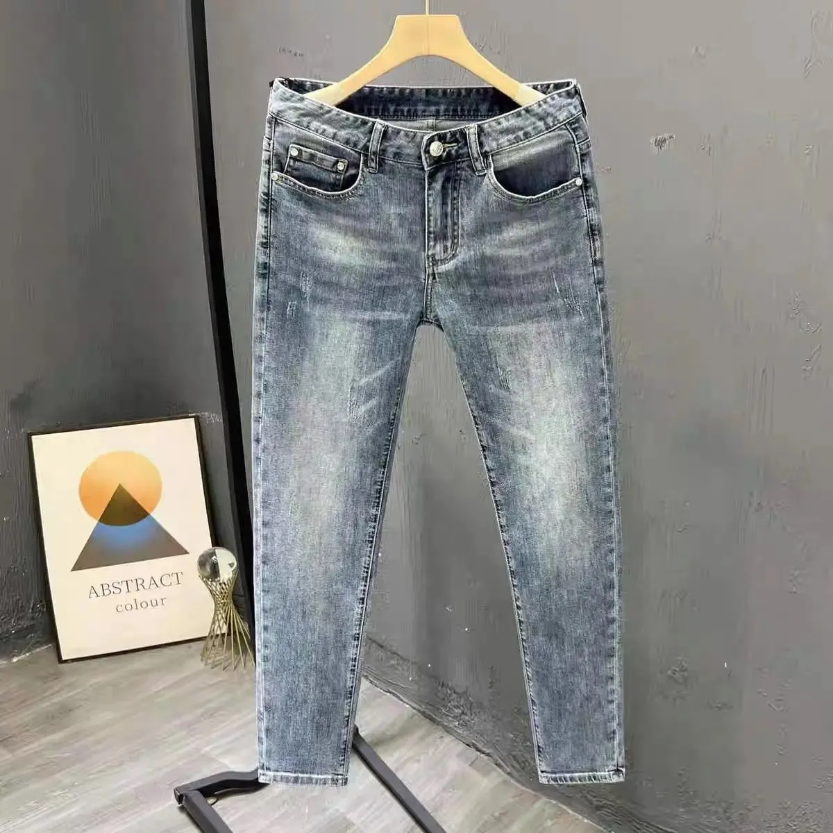 Korean Climate Lot Pants Light Luxury Trendy Brand Embossed Blue Jeans Men's Handsome Slim-fit Small Feet Elastic Trousers New — image 3