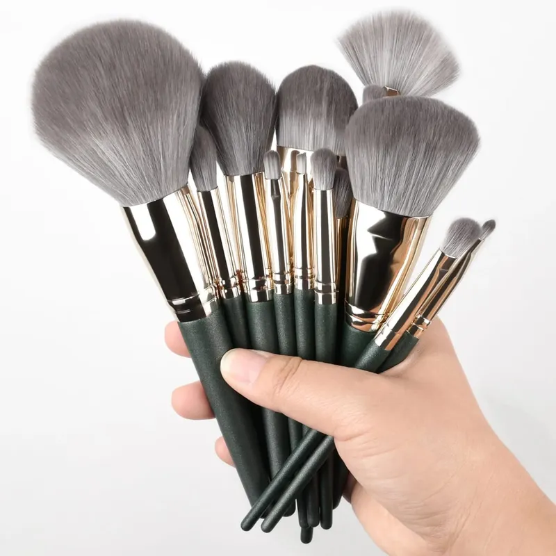 14-Piece Silver Professional Makeup Brush Set | Includes 2 Plush Velvet Puffs + 2 Blending Sponges | Vegan Cruelty-Free Brush Co — image 9