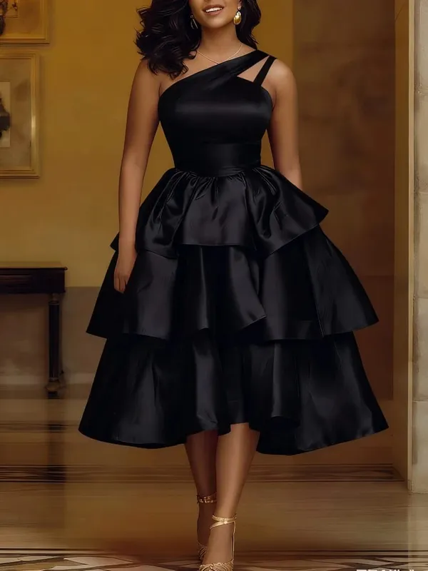 Women Elegant Shiny One Shoulder Ruffle Layered Christmas Party Dresses Date Out Birthday Wedding Guest Event Occasion Gowns New