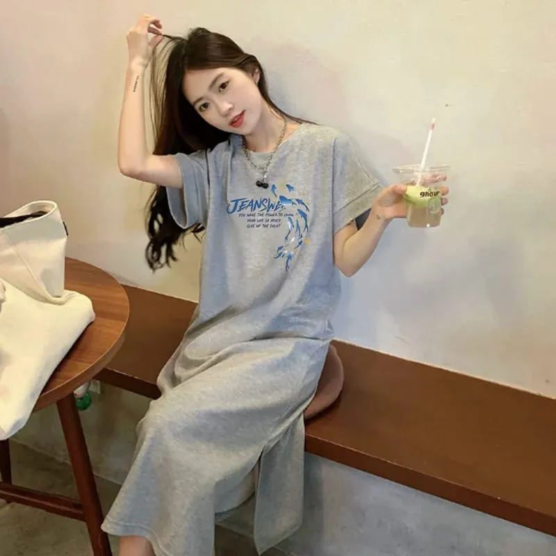 Korean Casual Maxi Tee Dress Blue Dolphin JEANS Letter Print White Loose Short Sleeve Long T-shirt Dress — image 2
