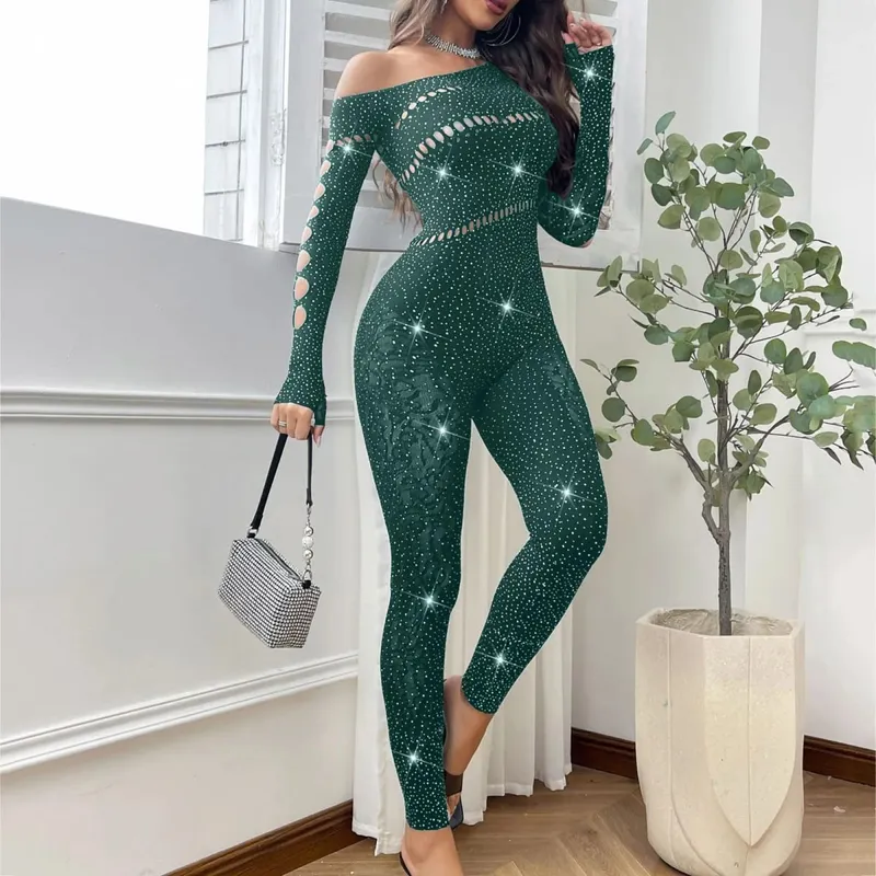 Kvinder Sexet Mesh Rhinestone Jumpsuit Langærmet Se Through High Stretch Body Strømper Jumpsuit Club Plus Size Stock Lingeri — image 9