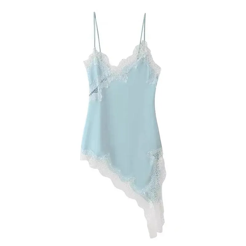 Combhasaki Women Floral Lace Trim Satin High Low Vest Silk Spaghetti Strap Side Split Asymmetrical Cami Flowy Silky Layering Top — image 10