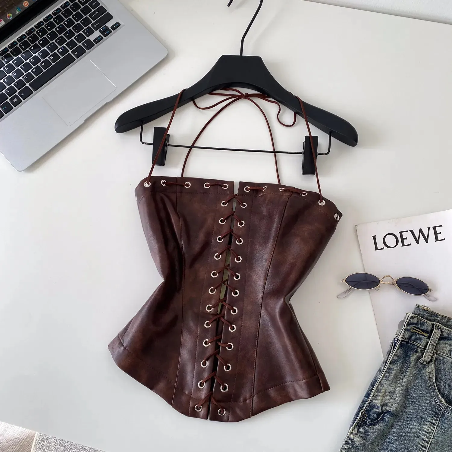 Sexy Bandage Pu Solid Tanks Top Vintage Corset Bustier Korean Autumn Camis Women Party Crop Top Y2k — image 7