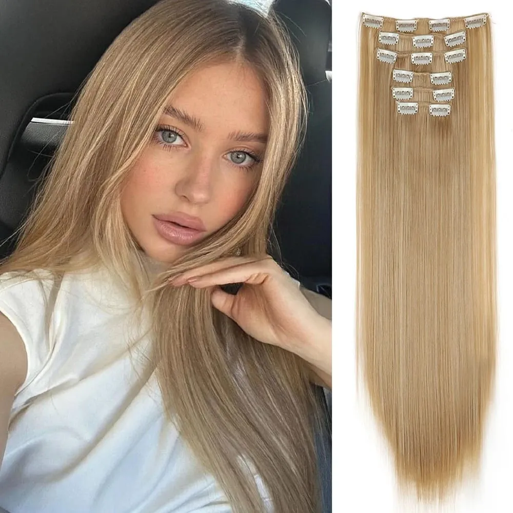 Black Hair Extensions 24"/60cm 6pcs/set Women Long Straight Synthetic Full Head Clip 16 Clips Ombre Heat Resistant Fiber Hair
