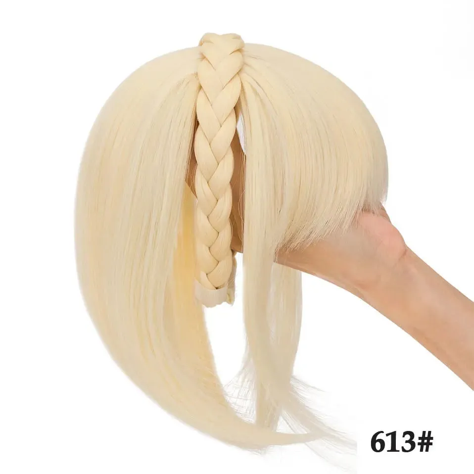 Snoilite 11'' Braided Headband with Clip-In Hair Topper With Bangs Natural Look Synthetic Straight Hair Extensions for Women 92g