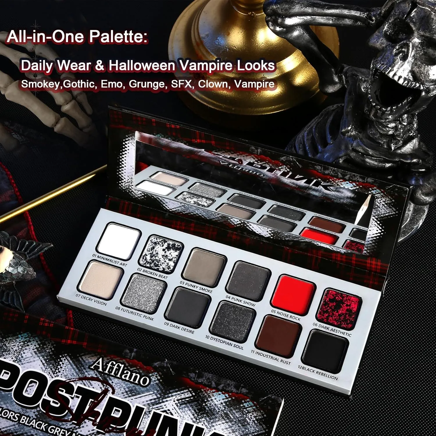 Afflano Eyeshadow 12 Colors Matte Shimmer Goth Punk Smoky High Colors Eye Shadow Dark Red Lasting Fine Flash SFX Eye Makeup